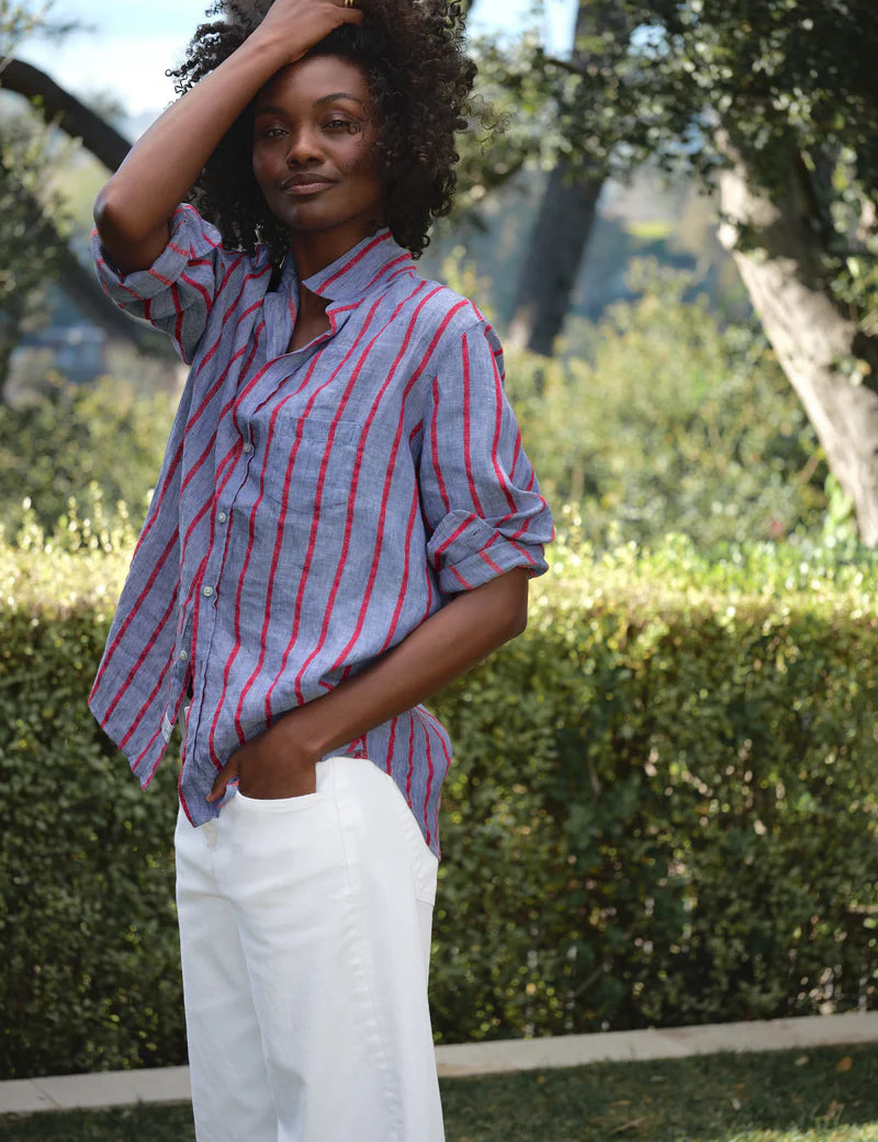 Relaxed Button-Up Shirt in Blue and Red Textured Stripe