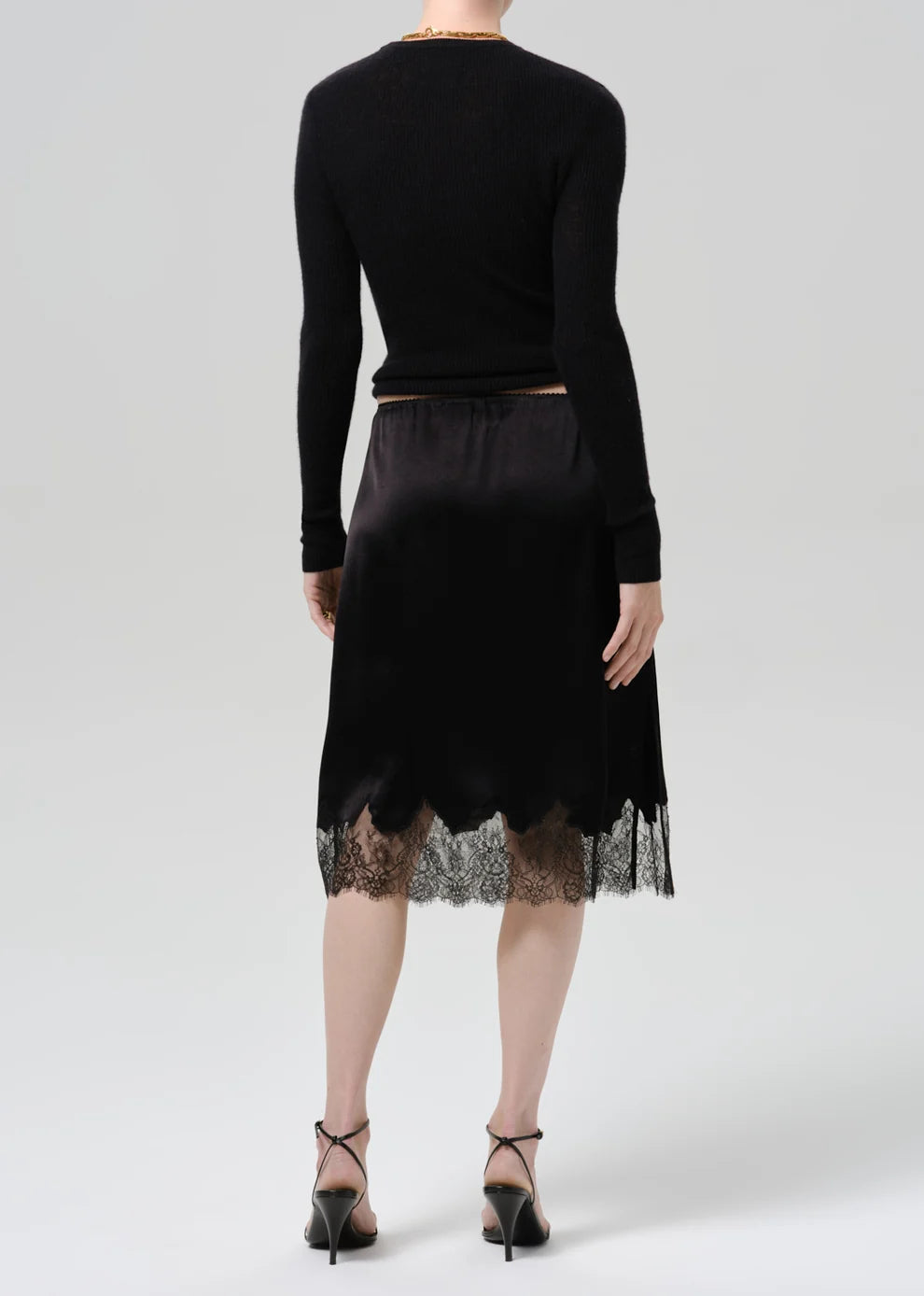 Lace Trimmed Japanese Hammered Satin Skirt in Black