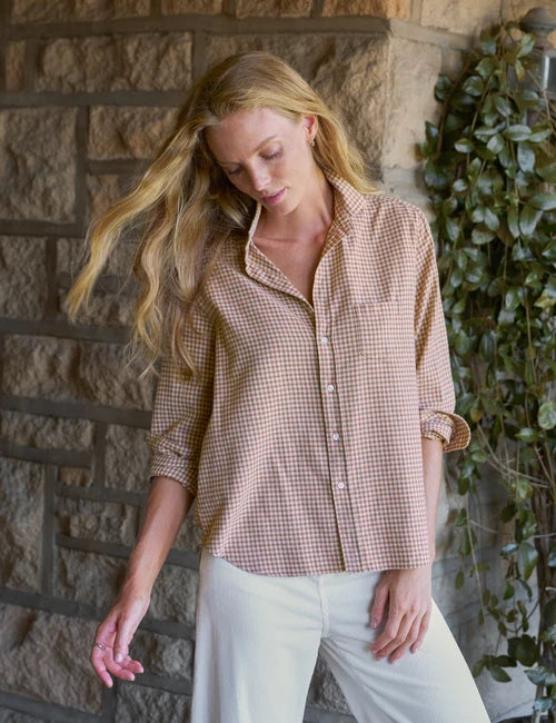 Eileen Relaxed Button-Up Shirt in Sand Brown Cream Small Plaid