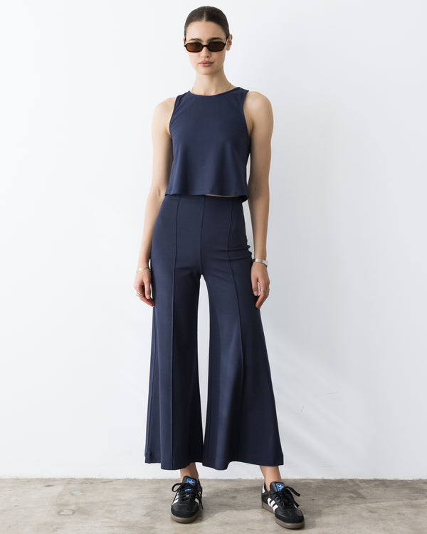 Navy Ponte Knit Cropped Wide Leg Pant