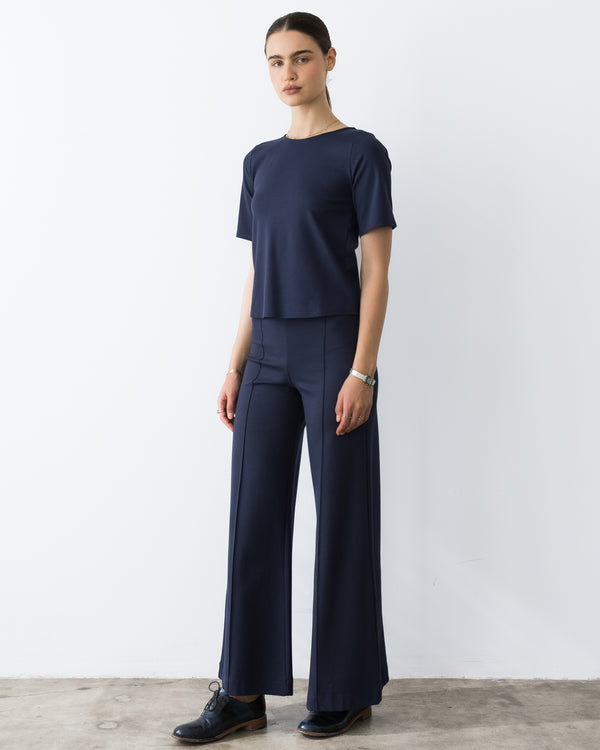 Navy Ponte Knit Extended Short Sleeve Top