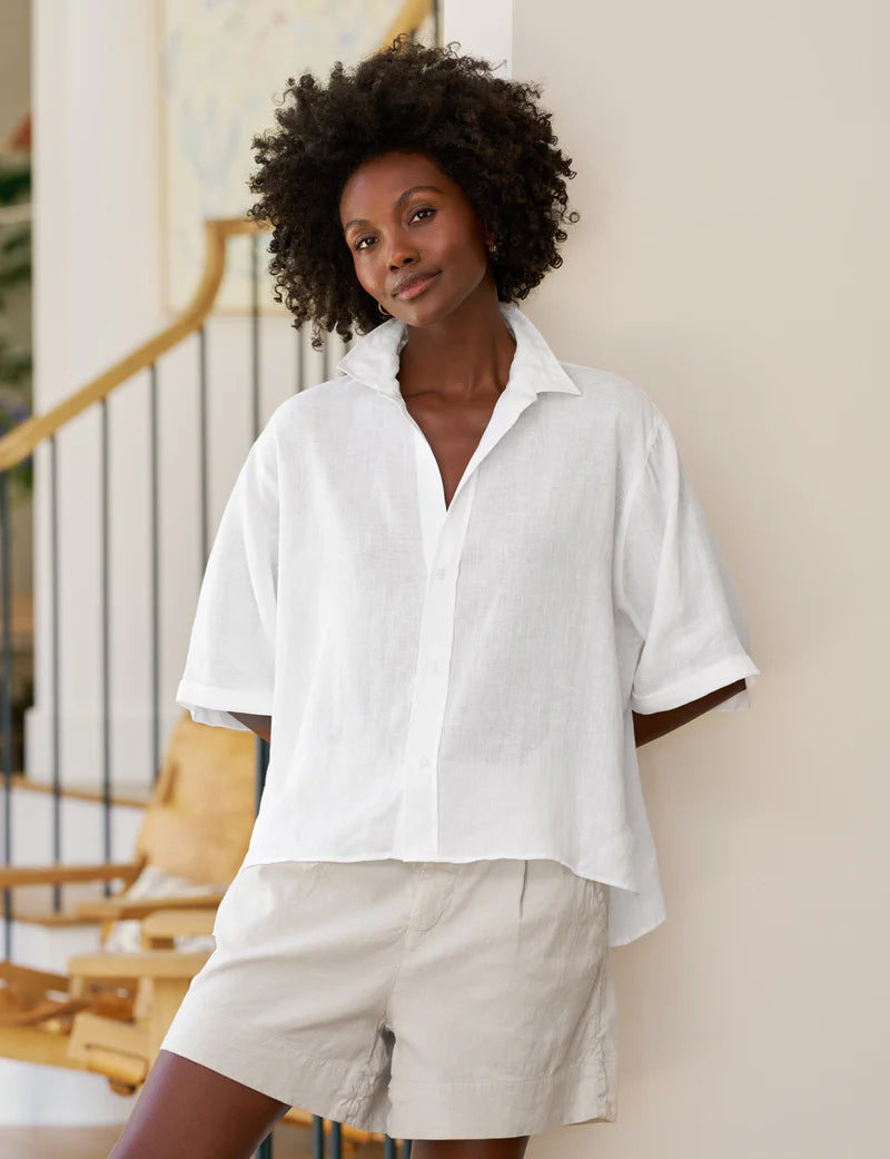 Short Sleeve Button Up in White Linen