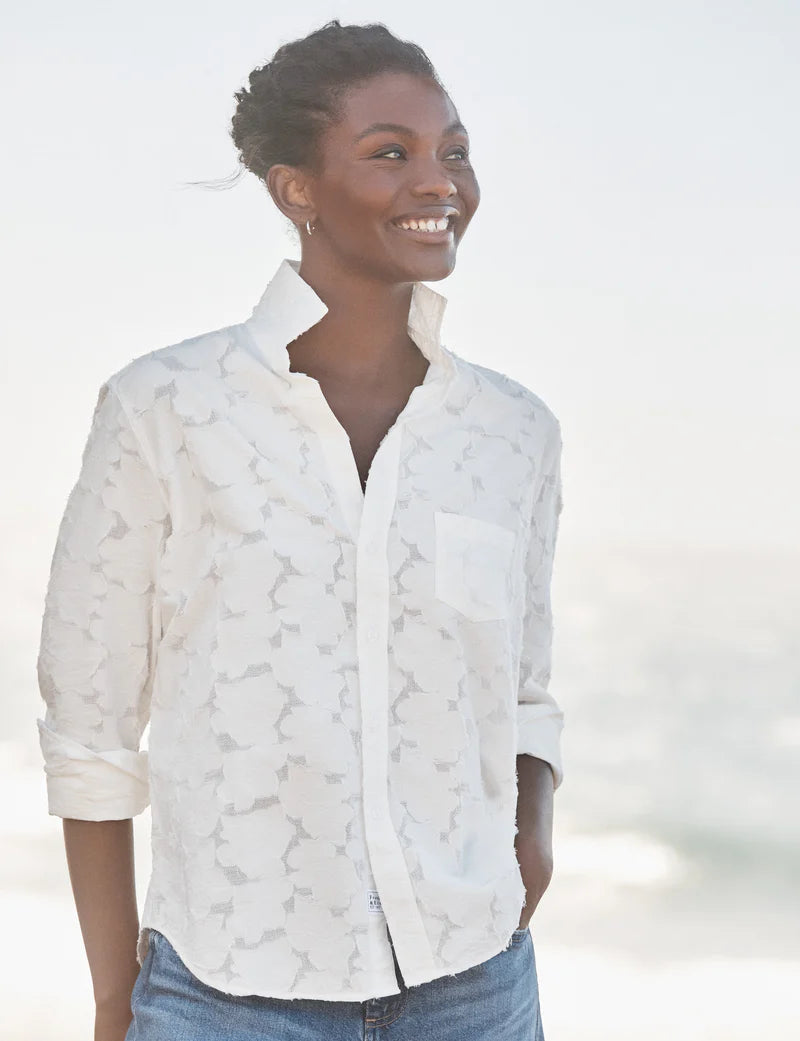 Relaxed Button-Up Shirt in Textured White Flowers