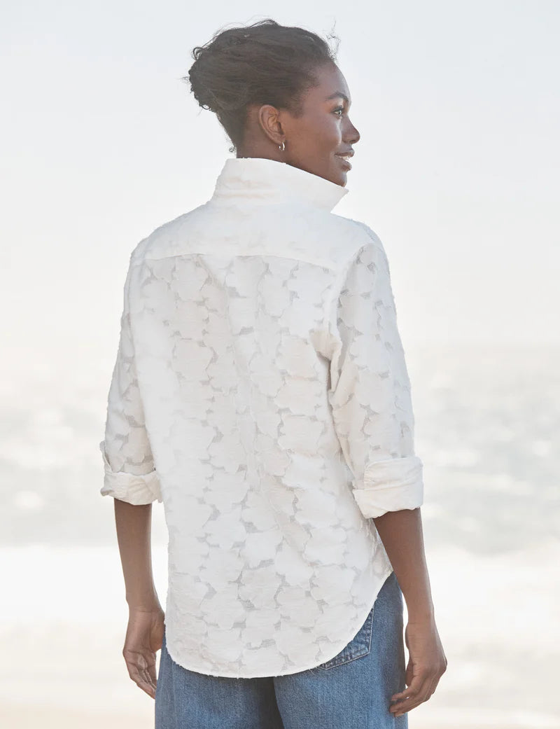 Relaxed Button-Up Shirt in Textured White Flowers