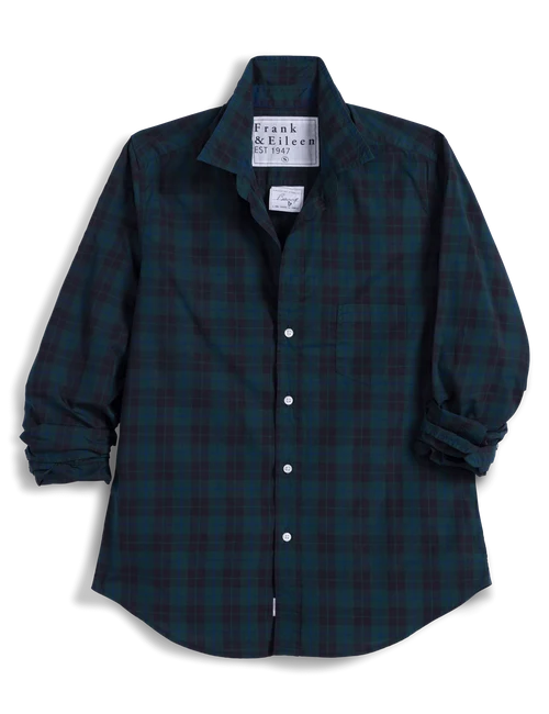 Barry Tailored Button-Up Shirt in Navy Green Large Plaid