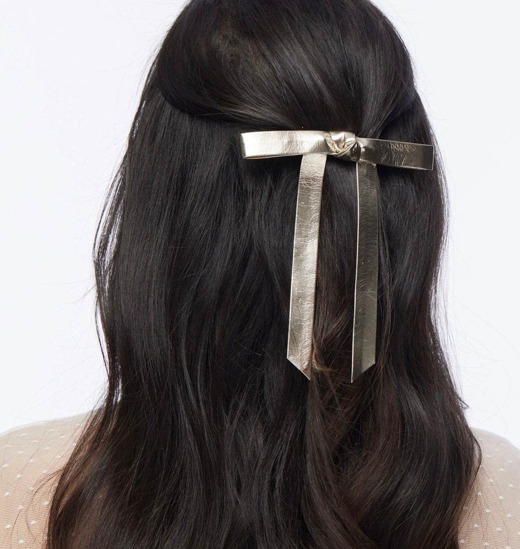 Gold Bardot Faux Leather Bow Barrette