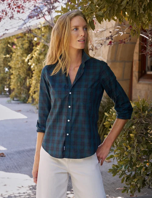 Barry Tailored Button-Up Shirt in Navy Green Large Plaid