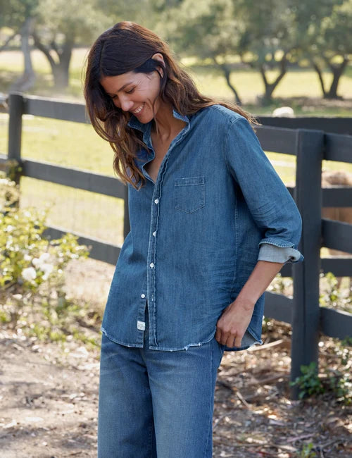 Relaxed Button-Up Shirt in Distressed Indigo Wash