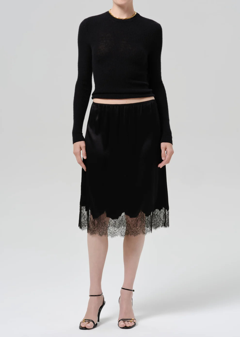 Lace Trimmed Japanese Hammered Satin Skirt in Black