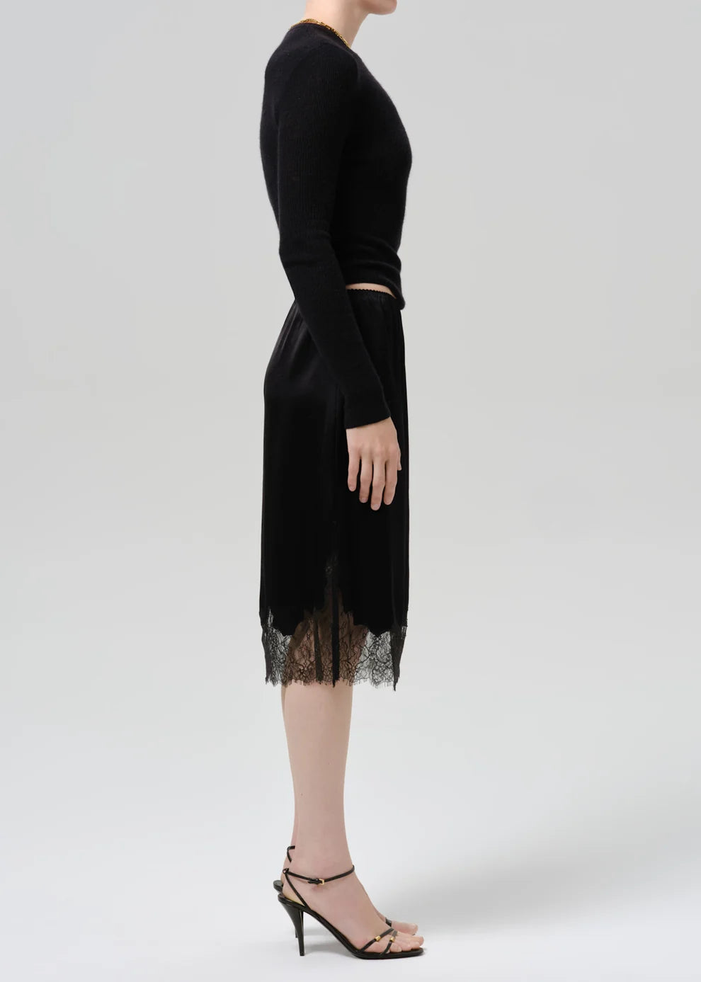 Lace Trimmed Japanese Hammered Satin Skirt in Black