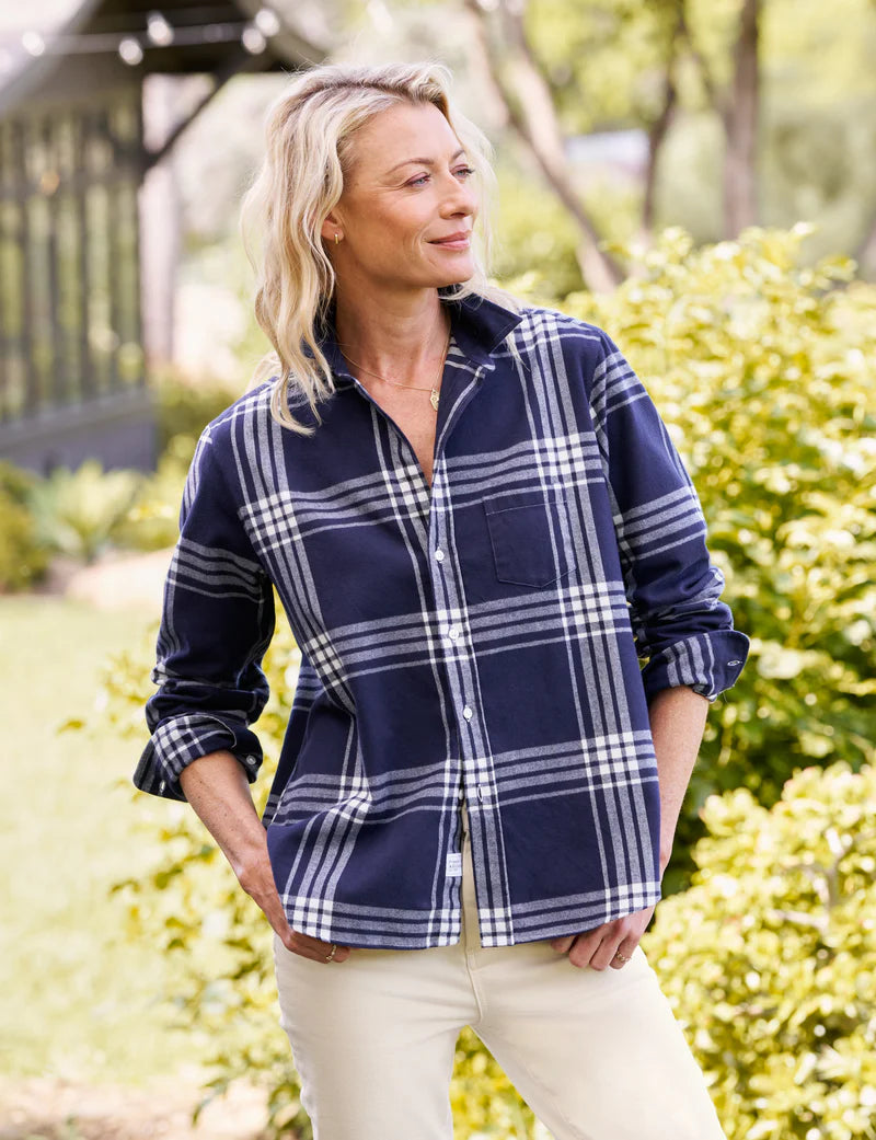Relaxed Button Up Shirt Navy and white Plaid