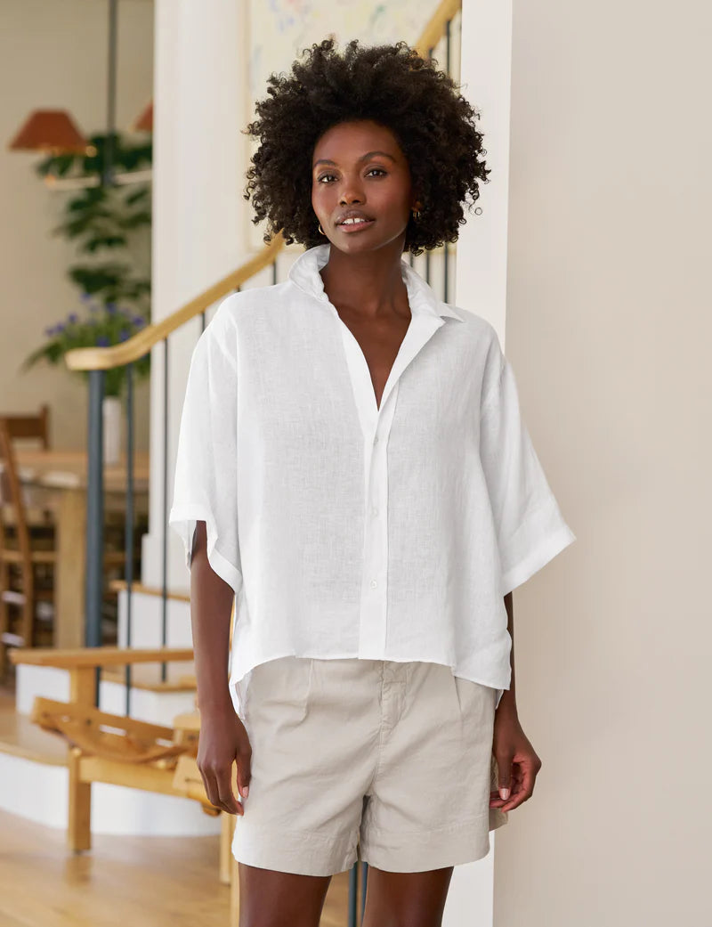 Short Sleeve Button Up in White Linen