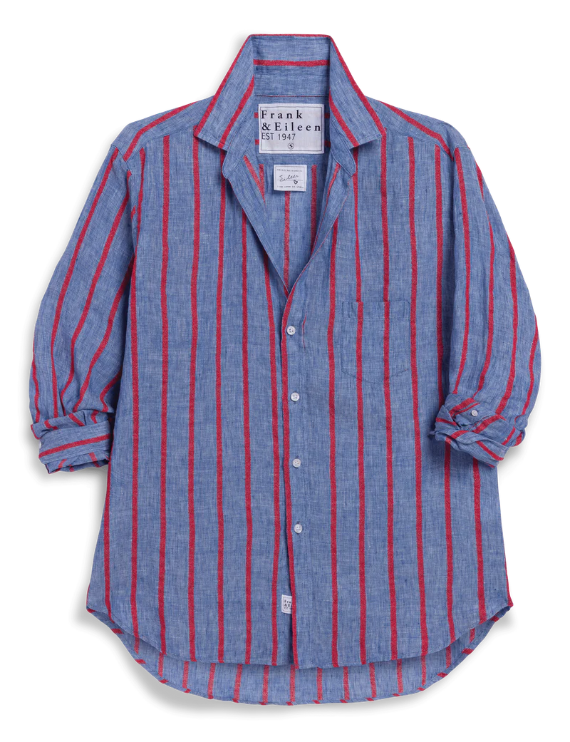 Relaxed Button-Up Shirt in Blue and Red Textured Stripe