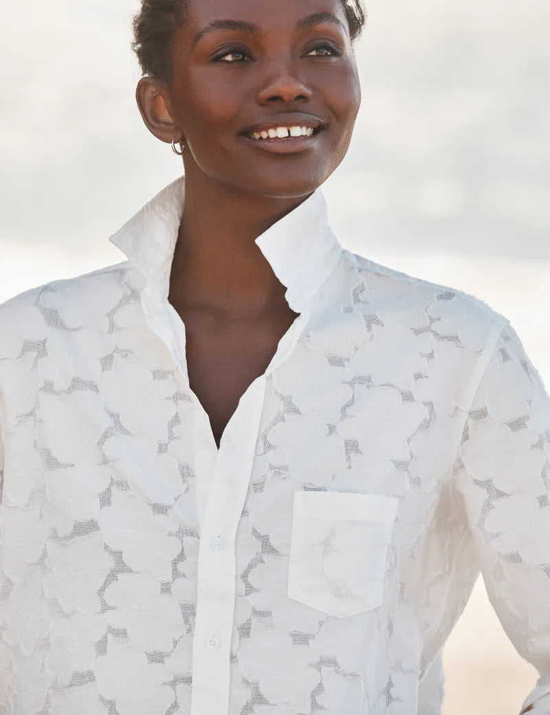 Relaxed Button-Up Shirt in Textured White Flowers