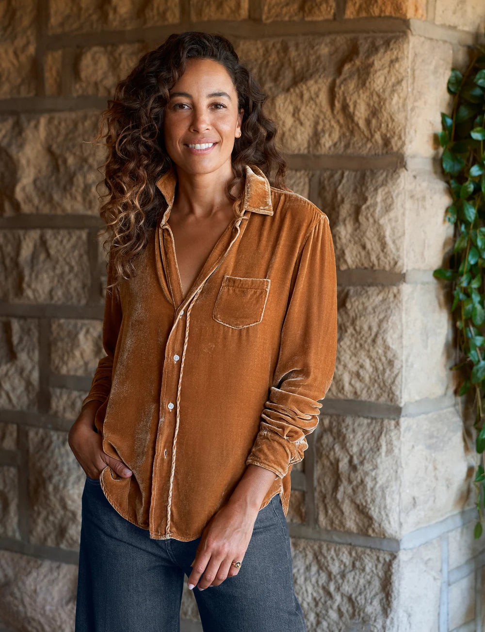 Eileen Relaxed Button Up- Gold Velvet
