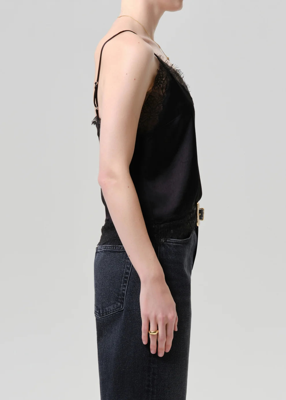 Lace Trimmed Japanese Hammered Satin Cami in Black