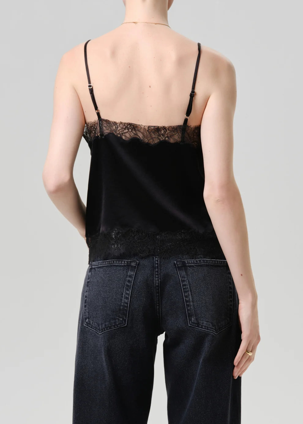 Lace Trimmed Japanese Hammered Satin Cami in Black