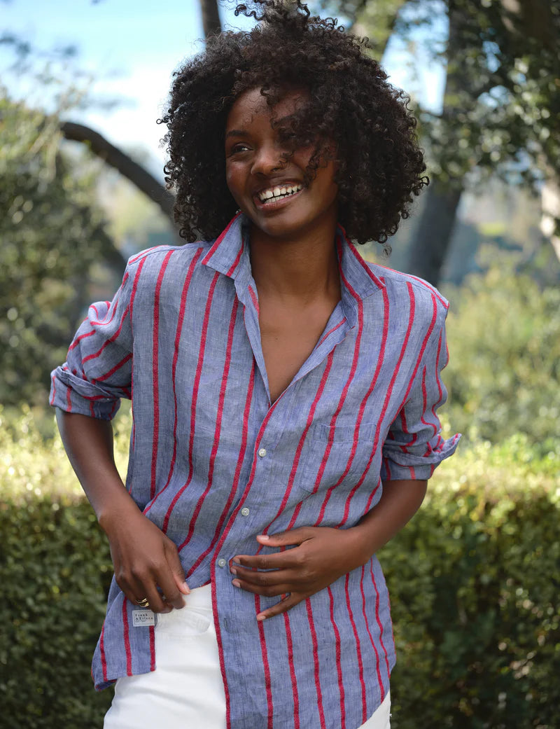 Relaxed Button-Up Shirt in Blue and Red Textured Stripe