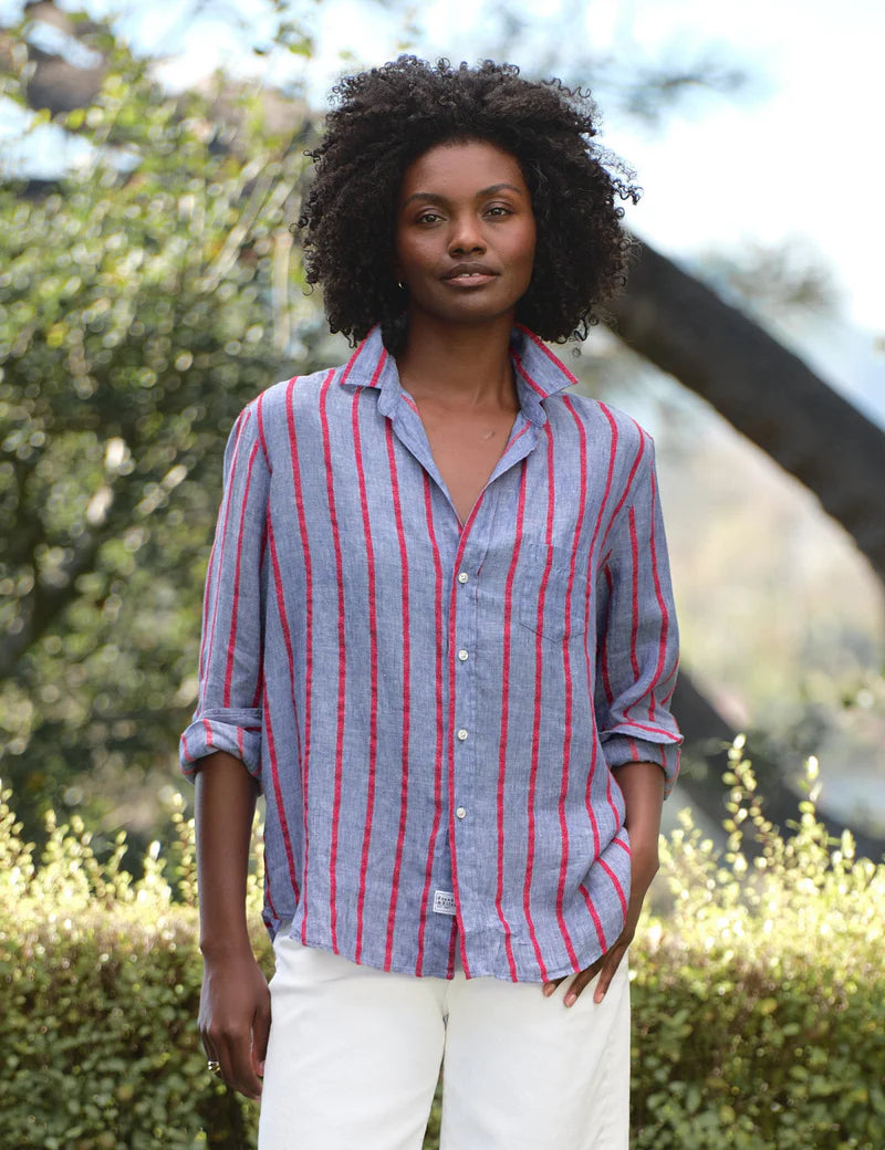 Relaxed Button-Up Shirt in Blue and Red Textured Stripe