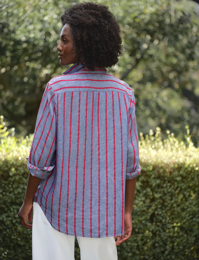 Relaxed Button-Up Shirt in Blue and Red Textured Stripe